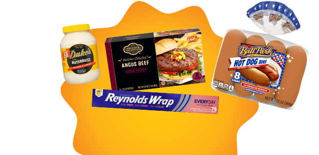 Participating items include Reynolds Wrap, Duke's Mayonnaise, Private Selection Angus Beef Burger Patties, and Ball Park Hot Dog Buns