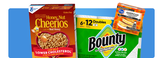 Box of Cheerios next to Kroger brand American Cheese and Bounty paper towels.