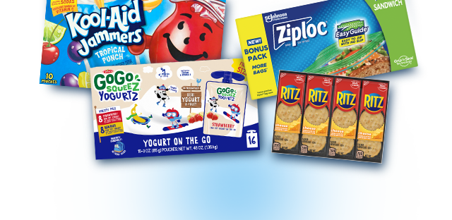 Box of Kool-Aid Jammers next to a box of Ziploc bags, a box of Go Go Squeeze Yogurtz, and a pack of Ritz crackers. Box of Kool-Aid Jammers next to a box of Ziploc bags, a box of Go Go Squeeze Yogurtz, and a pack of Ritz crackers.