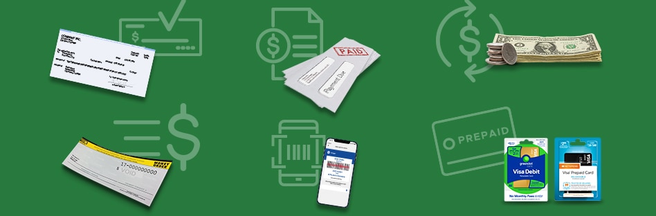 Consolidated representation of all the money services available at Pay Less Super Markets including check cashing, bill pay, money transfers, money orders, account funding, and prepaid cards.